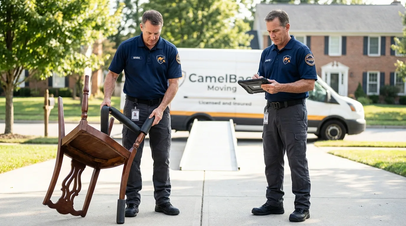 Movers inspecting furniture for damage prevention before loading in Vidalia, LA