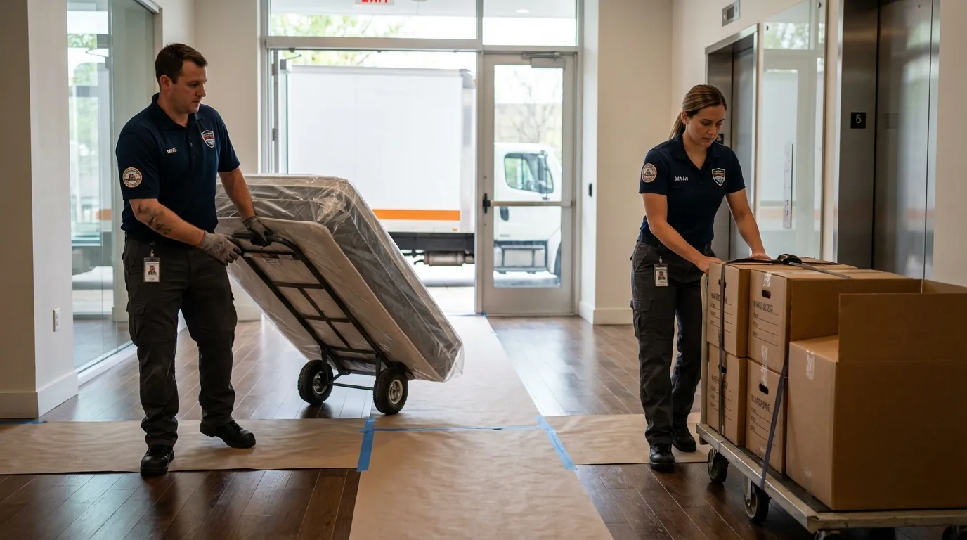 Professional apartment movers loading elevator in Vidalia, LA